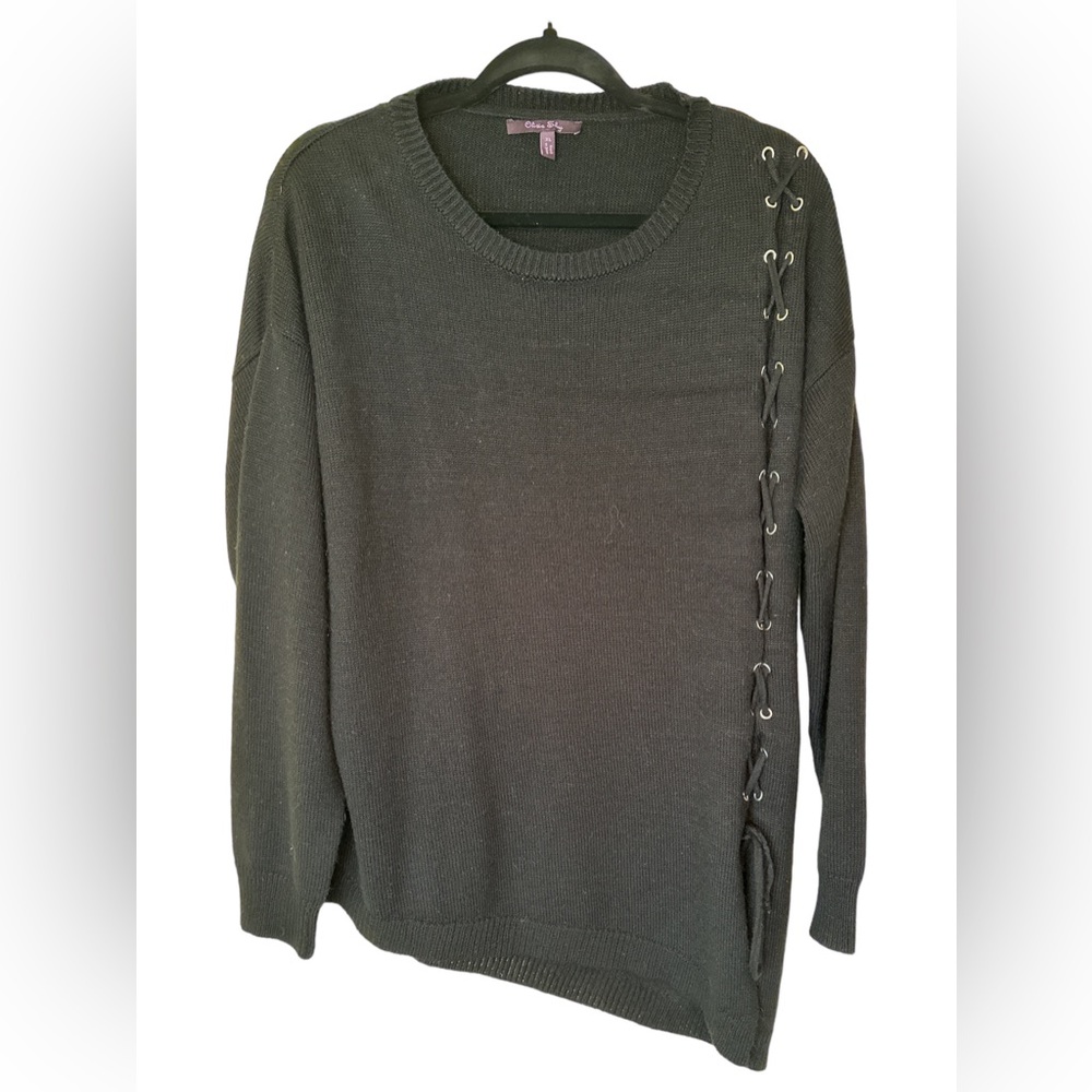 Olivia Sky Asymmetrical Black Sweater With Lace Up Detail